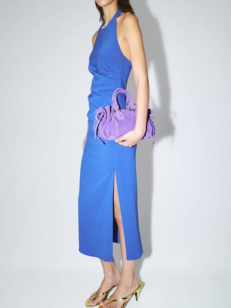 Mango Blue Halter Neck Ruched Midi Dress - Image 2 of 7