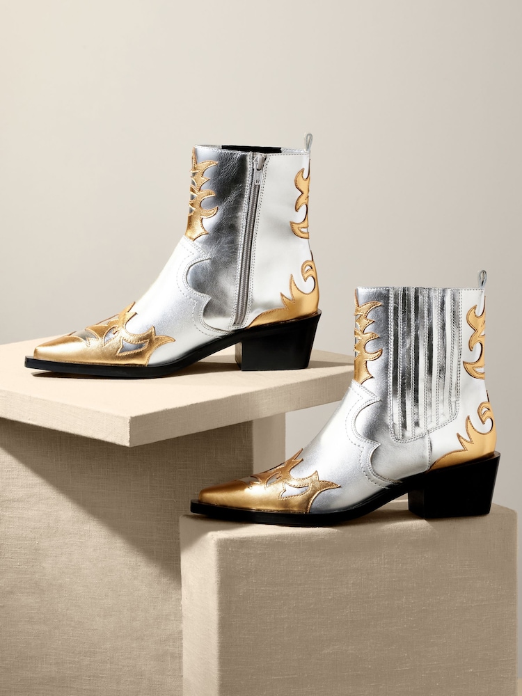 Metallic Premium Leather Ankle Western Cowboy Boots - Image 1 of 5