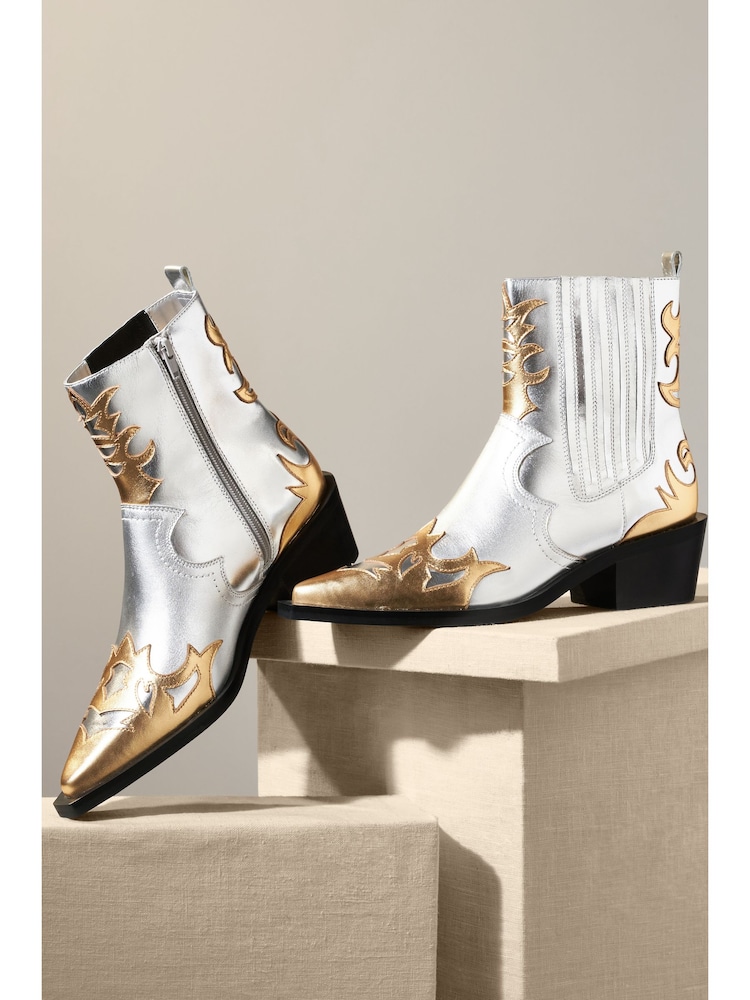 Metallic Premium Leather Ankle Western Cowboy Boots - Image 2 of 5