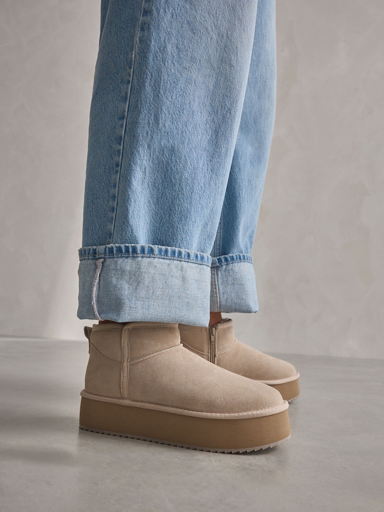 Neutral Shower Repellent Suede Faux Fur Lined Super Platform Boots - Image 1 of 11