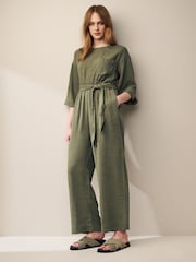 Khaki Green Jumpsuit With Linen - Image 1 of 5