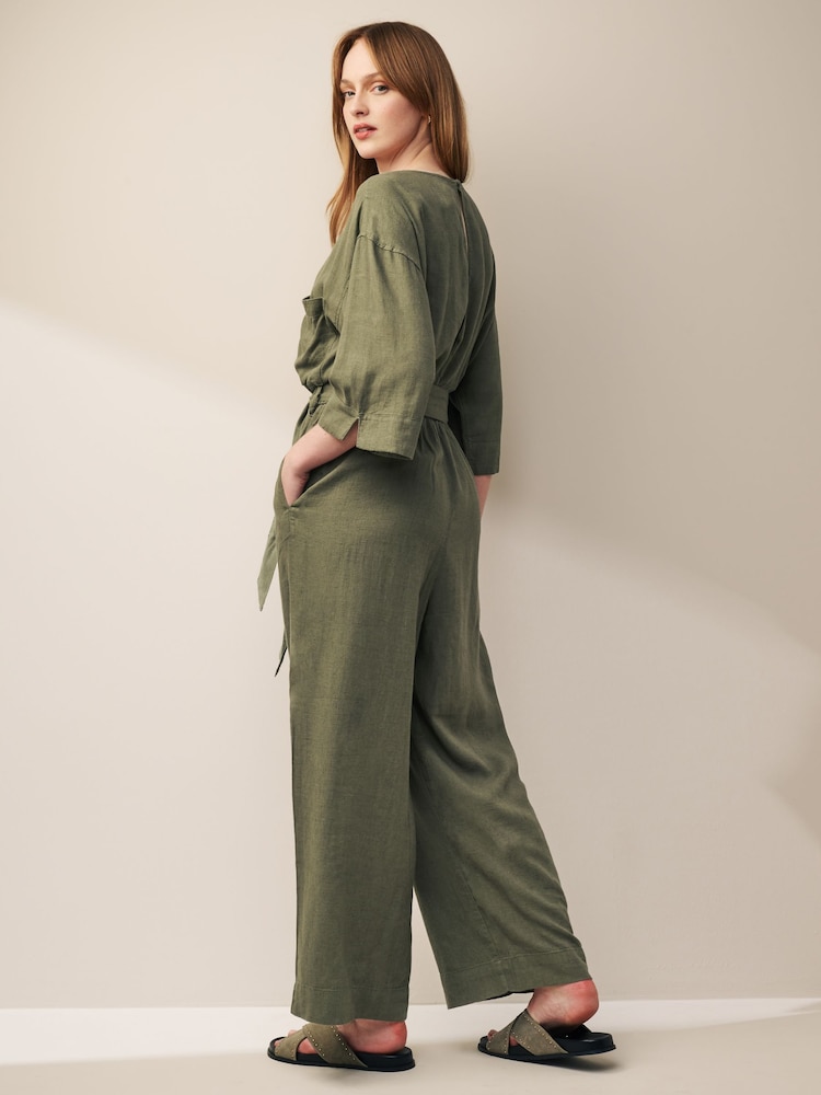 Khaki Green Jumpsuit With Linen - Image 2 of 5