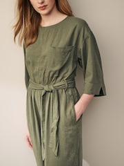 Khaki Green Jumpsuit With Linen - Image 3 of 5