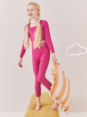 Fuchsia Pink Ribbed Stretch Top & Leggings Set (7-16yrs) - Image 1 of 7