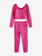Fuchsia Pink Ribbed Stretch Top & Leggings Set (7-16yrs) - Image 4 of 7