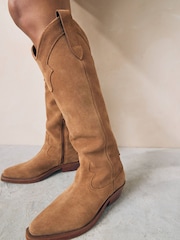 Tan Brown Suede Forever Comfort® Cowboy Boho Knee High Boots - Image 1 of 8