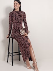 Pink Geo Sparkle Long Sleeved Ruched Midi Dress - Image 1 of 5