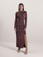 Pink Geo Sparkle Long Sleeved Ruched Midi Dress - Image 2 of 5