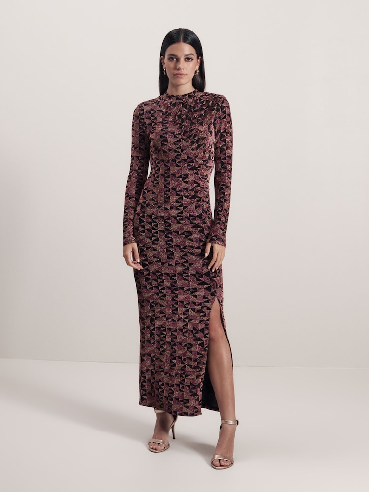Pink Geo Sparkle Long Sleeved Ruched Midi Dress - Image 2 of 5