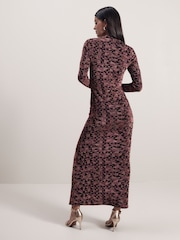 Pink Geo Sparkle Long Sleeved Ruched Midi Dress - Image 3 of 5