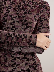 Pink Geo Sparkle Long Sleeved Ruched Midi Dress - Image 4 of 5