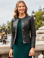 Sosandar Black Quilted Round Neck Leather Jacket With Gold Buttons - Image 1 of 5
