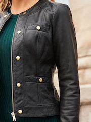 Sosandar Black Quilted Round Neck Leather Jacket With Gold Buttons - Image 5 of 5