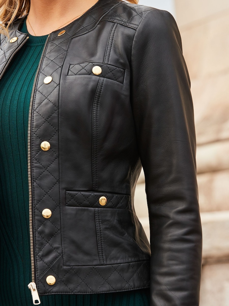 Sosandar Black Quilted Round Neck Leather Jacket With Gold Buttons - Image 5 of 5