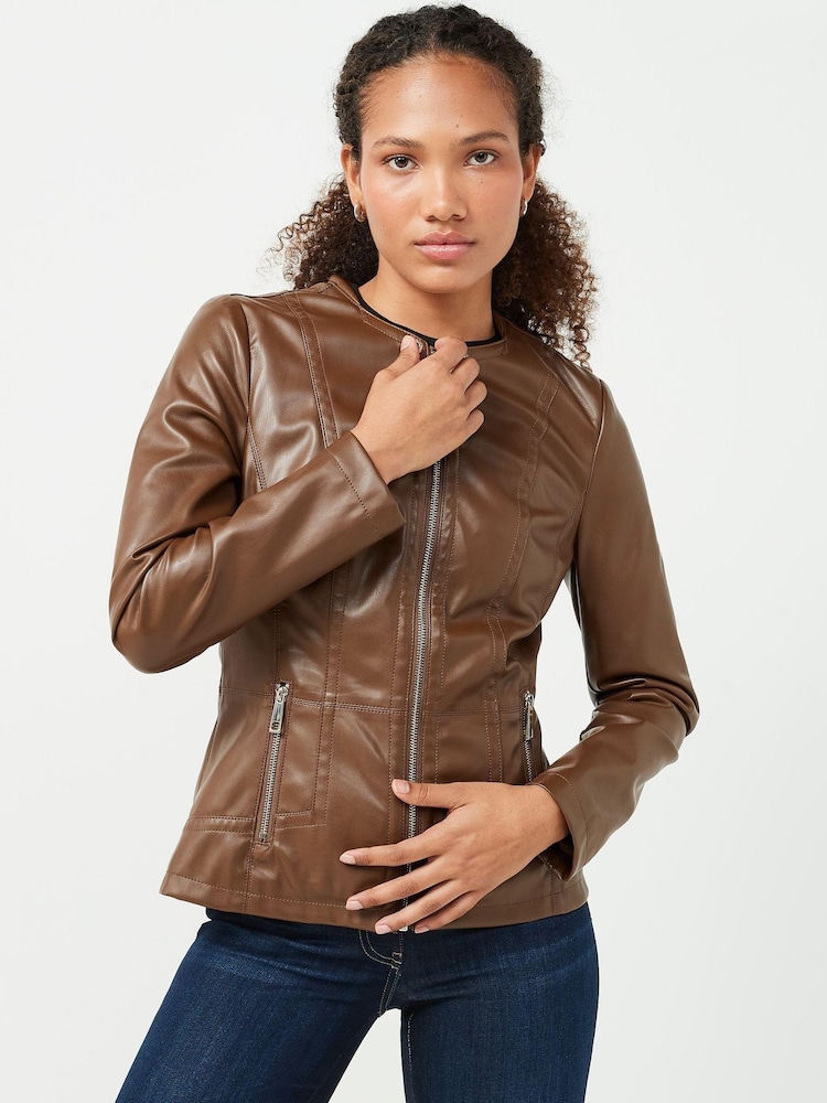 Urban Code Light Brown Saint Smith Collarless Zip Detail Faux Leather Jacket - Image 1 of 7