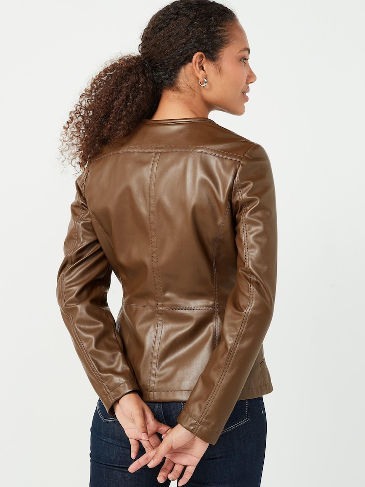 Urban Code Light Brown Saint Smith Collarless Zip Detail Faux Leather Jacket - Image 2 of 7