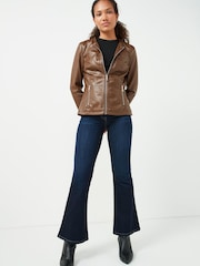 Urban Code Light Brown Saint Smith Collarless Zip Detail Faux Leather Jacket - Image 3 of 7