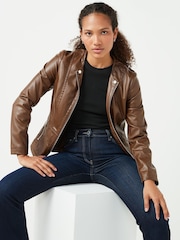 Urban Code Light Brown Saint Smith Collarless Zip Detail Faux Leather Jacket - Image 4 of 7