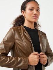 Urban Code Light Brown Saint Smith Collarless Zip Detail Faux Leather Jacket - Image 5 of 7