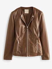 Urban Code Light Brown Saint Smith Collarless Zip Detail Faux Leather Jacket - Image 6 of 7