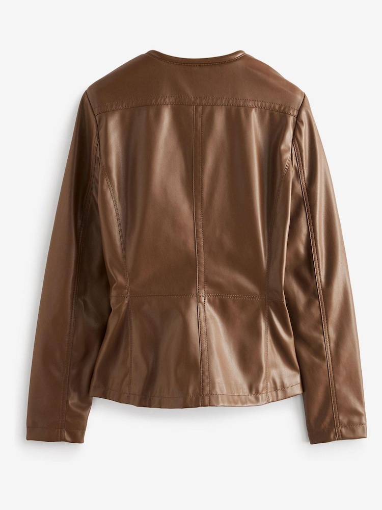 Urban Code Light Brown Saint Smith Collarless Zip Detail Faux Leather Jacket - Image 7 of 7