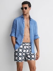 Reiss White/Navy Chain Print Drawstring Swim Shorts - Image 1 of 5