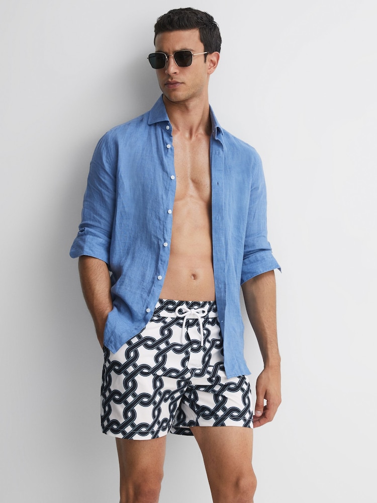 Reiss White/Navy Chain Print Drawstring Swim Shorts - Image 1 of 5
