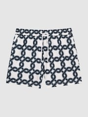 Reiss White/Navy Chain Print Drawstring Swim Shorts - Image 2 of 5