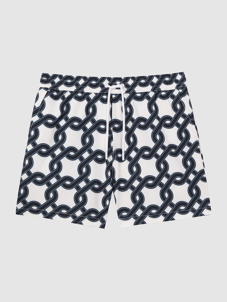 Reiss White/Navy Chain Print Drawstring Swim Shorts - Image 2 of 5