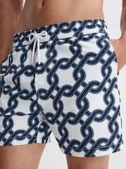 Reiss White/Navy Chain Print Drawstring Swim Shorts - Image 3 of 5