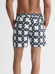 Reiss White/Navy Chain Print Drawstring Swim Shorts - Image 5 of 5