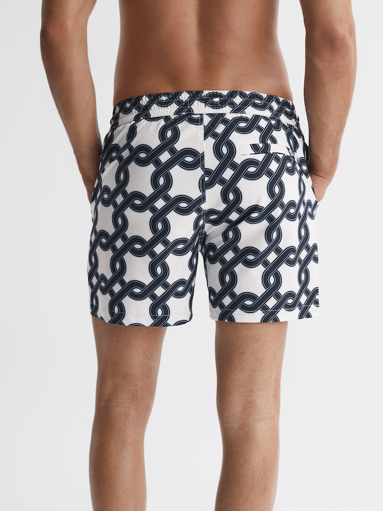 Reiss White/Navy Chain Print Drawstring Swim Shorts - Image 5 of 5