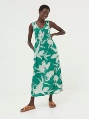 FatFace Green Textured Leaves Midi Dress - Image 1 of 5