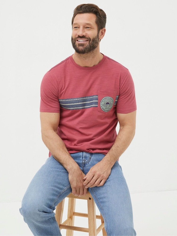 FatFace Pink Chest Stripe Badge T-Shirt - Image 1 of 5