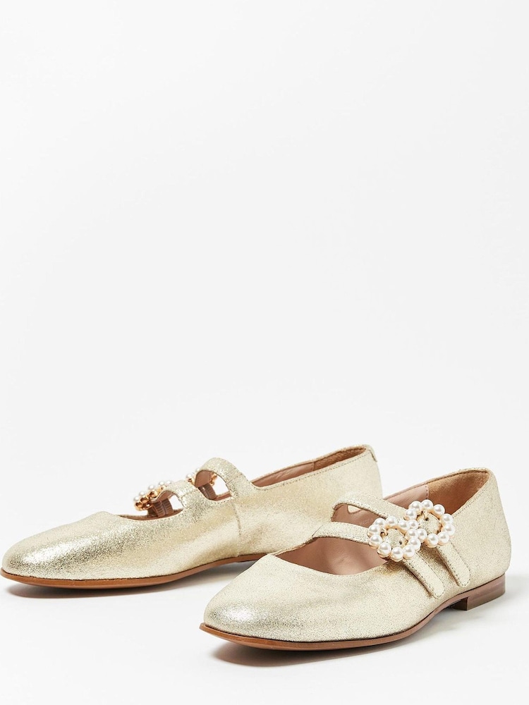 Oliver Bonas Gold Pearl Buckle Mary Jane Shoes - Image 1 of 5