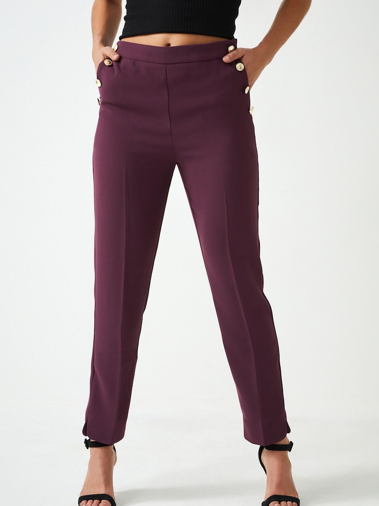 Berry Red Tailored Button Detail Taper Trousers - Image 2 of 6