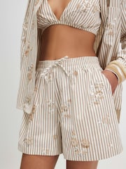 River Island Natural Molly Smith Embellished Stripe Drawstring Shorts - Image 3 of 4