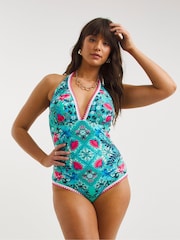 Figleaves Blue & Pink Floral Print Frida Halter Swimsuit - Image 1 of 5