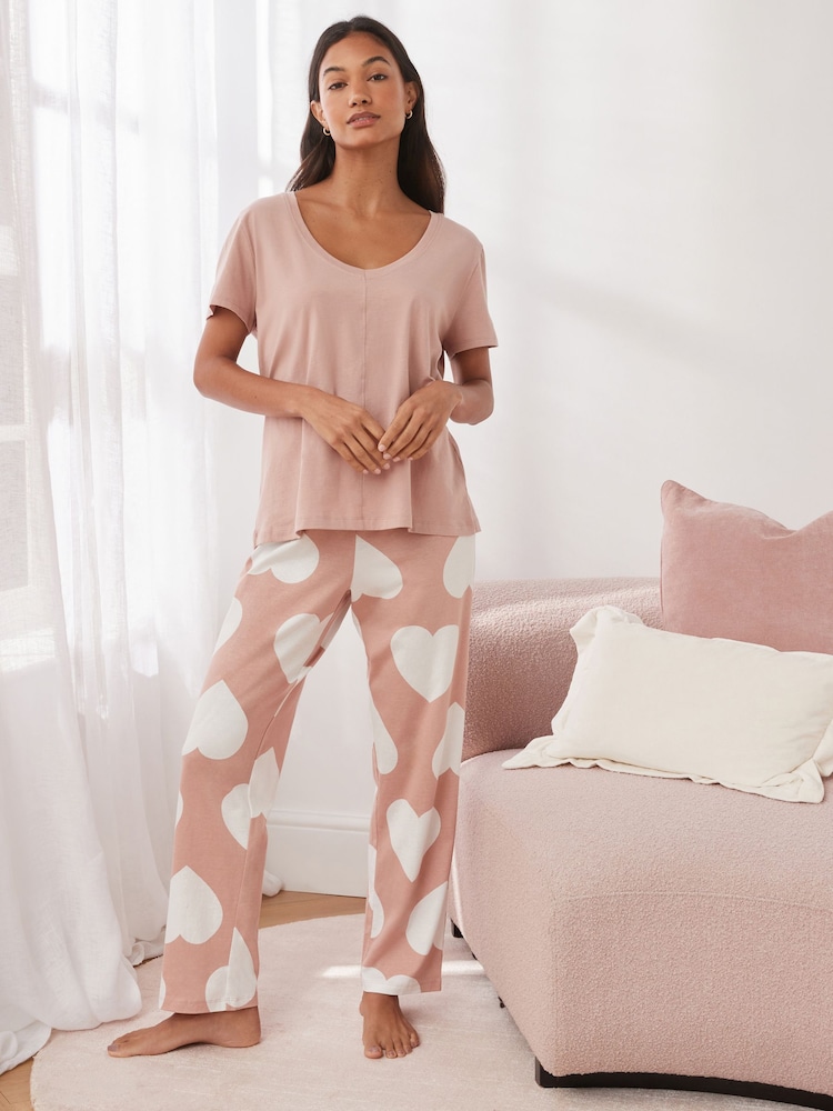 Herzmotiv, Blassrosa - Kurzärmeliger Baumwoll-Pyjama - Bild 2 von 8