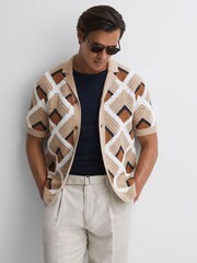 Reiss Beige Locco Crochet Cuban Collar Shirt - Image 1 of 5