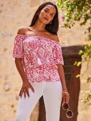 Sosandar Pink Crinkle Tie Detail Bardot Top - Image 1 of 5