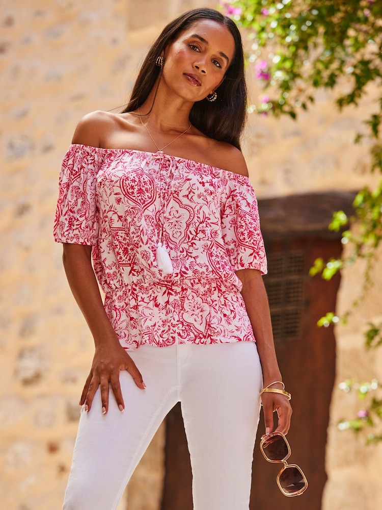 Sosandar Pink Crinkle Tie Detail Bardot Top - Image 1 of 5