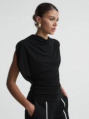 Reiss Black Eva Asymmetric Draped Top - Image 4 of 5