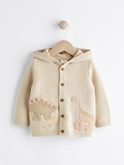 Cream Dinosaur Baby Knitted 100% Cotton Hooded Cardigan (0mths-2yrs) - Image 1 of 15