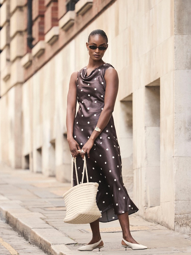Mint Velvet Brown Satin Polkadot Midi Dress - Image 1 of 8
