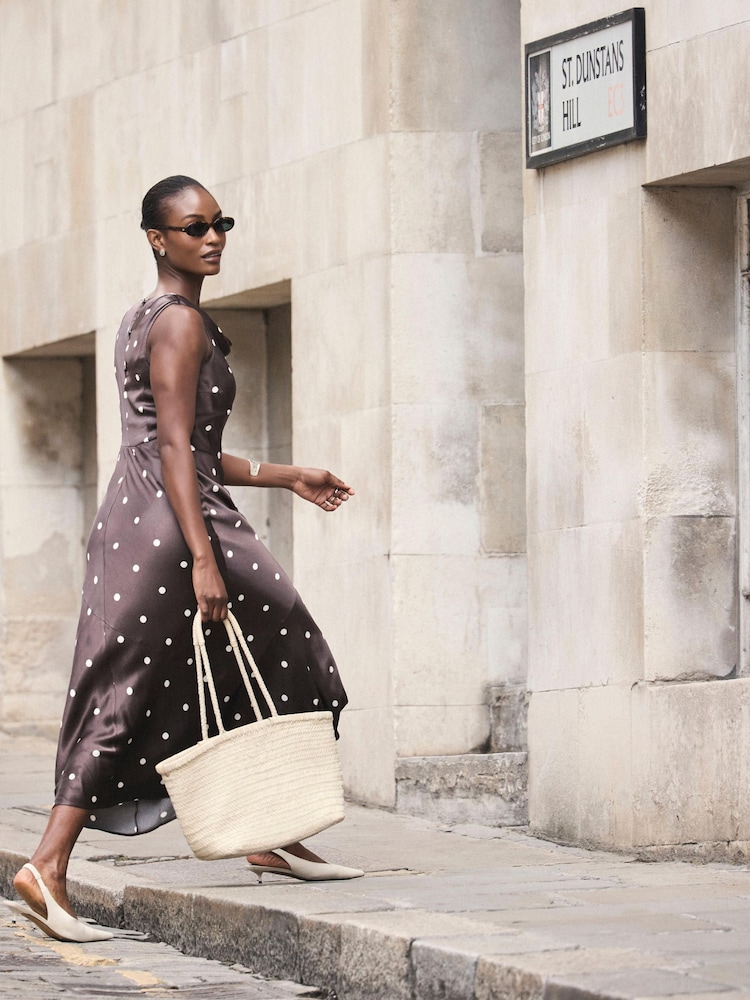 Mint Velvet Brown Satin Polkadot Midi Dress - Image 2 of 8