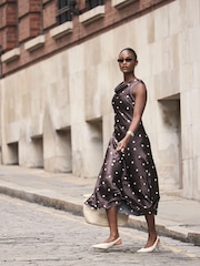 Mint Velvet Brown Satin Polkadot Midi Dress - Image 3 of 8
