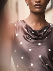 Mint Velvet Brown Satin Polkadot Midi Dress - Image 6 of 8