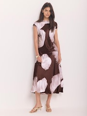 Mint Velvet Brown Satin Abstract Print Midi Dress - Image 1 of 8