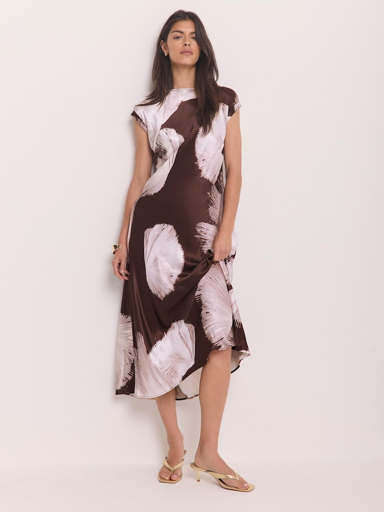 Mint Velvet Brown Satin Abstract Print Midi Dress - Image 2 of 8 Mint Velvet Brown Satin Abstract Print Midi Dress - Image 2 of 8